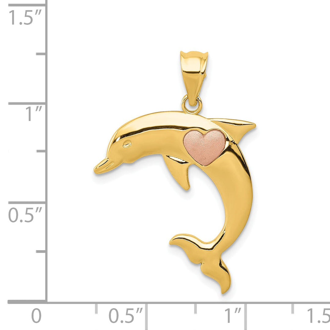 14k Two-tone Casted Solid Polished and Brushed Finish Dolphin with Heart Charm Pendant