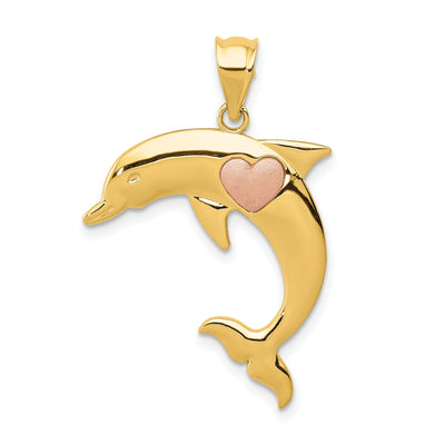 14k Two-tone Casted Solid Polished and Brushed Finish Dolphin with Heart Charm Pendant