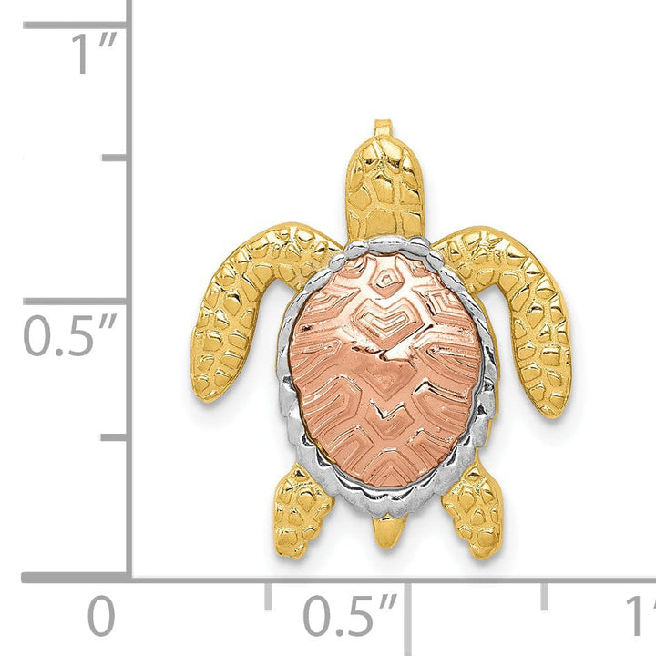 14K Two-Tone Gold with White Rhodium Casted Textured Solid Polished Finish Turtle Pendant Slide