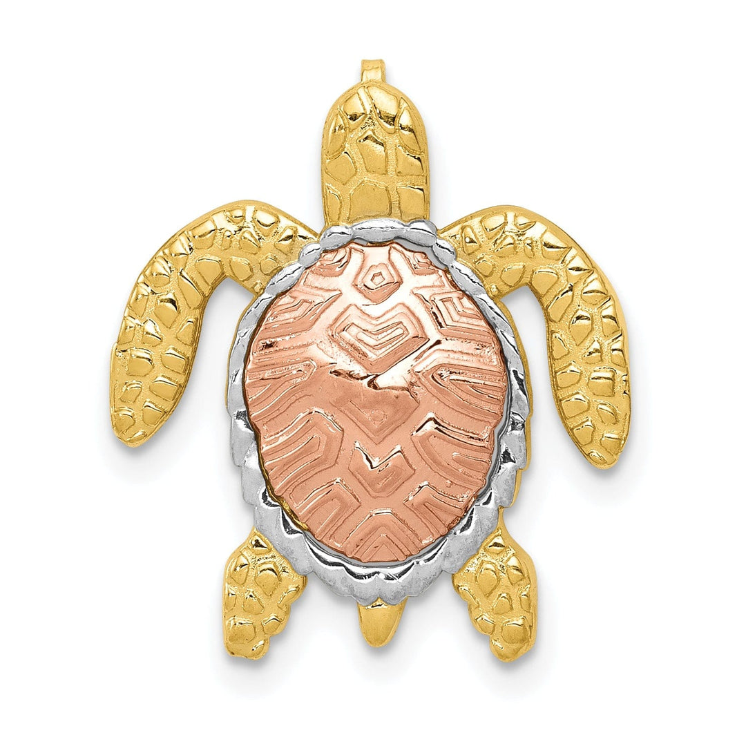 14K Two-Tone Gold with White Rhodium Casted Textured Solid Polished Finish Turtle Pendant Slide