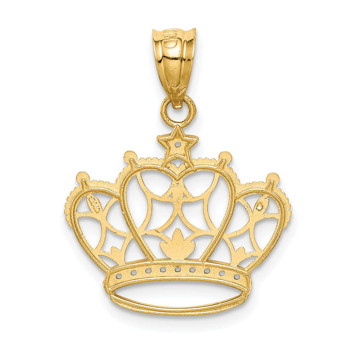 14k Yellow Gold White Rhodium Open Back Solid Textured Polished Finish Crown Design Charm Pendant