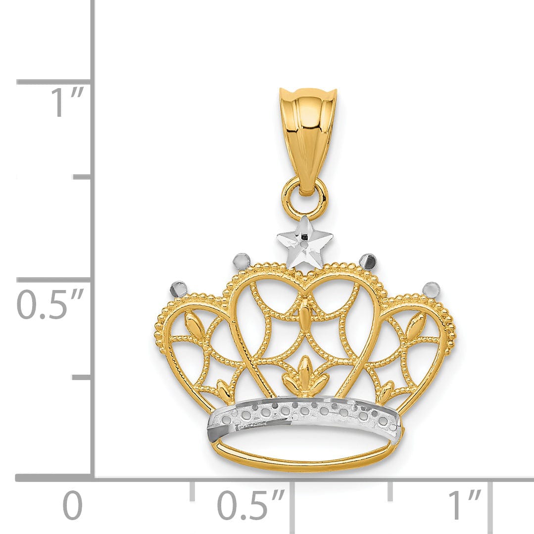 14k Yellow Gold White Rhodium Open Back Solid Textured Polished Finish Crown Design Charm Pendant