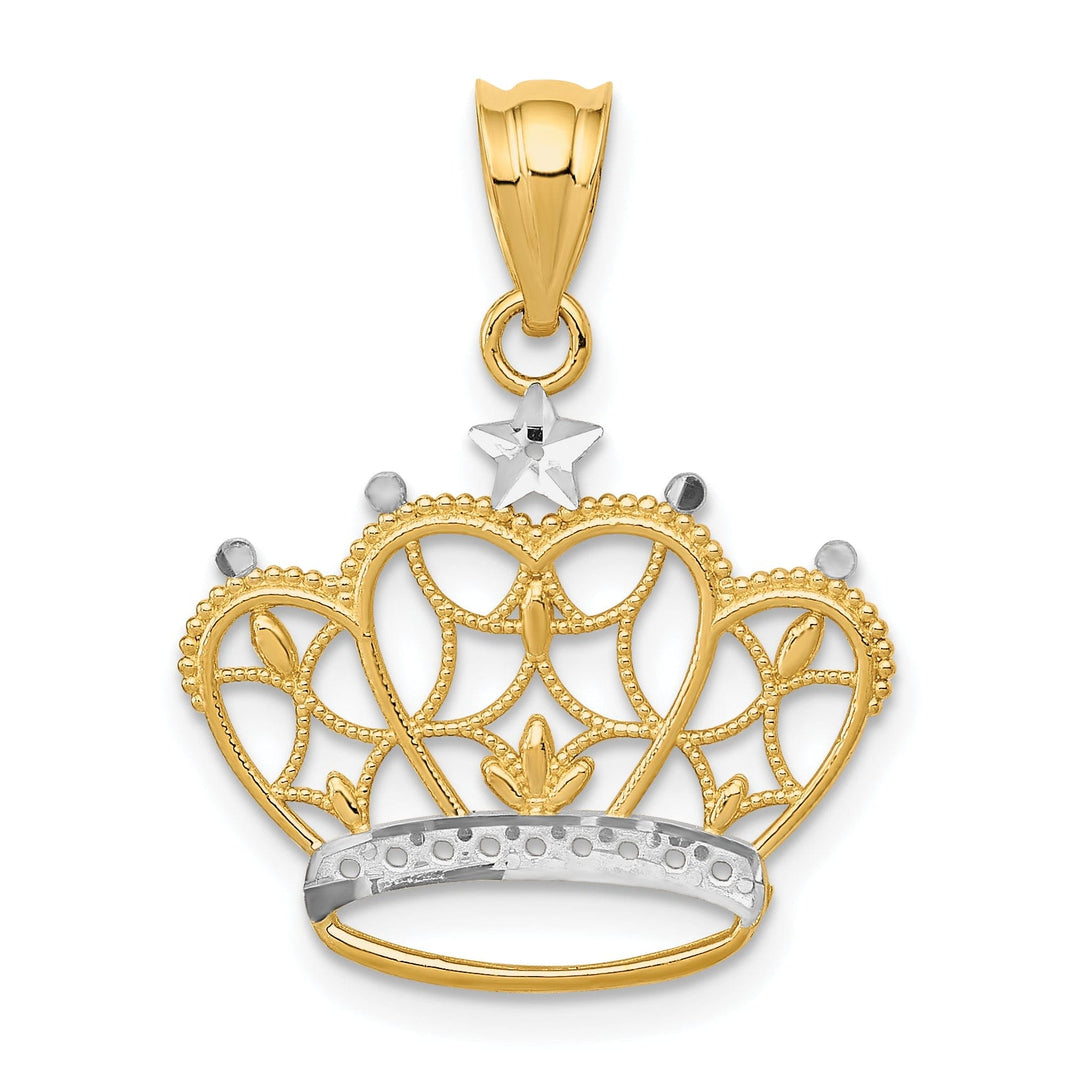 14k Yellow Gold White Rhodium Open Back Solid Textured Polished Finish Crown Design Charm Pendant