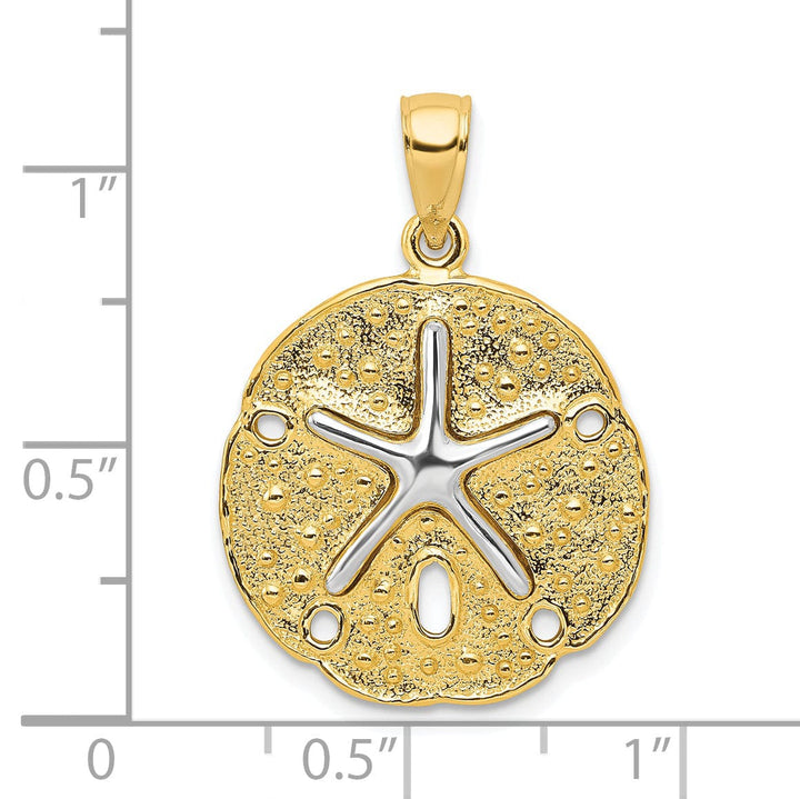 14k Two Tone Gold Solid Polished Textered Finish Sea Sand Dollar with Starfish Design Charm Pendant