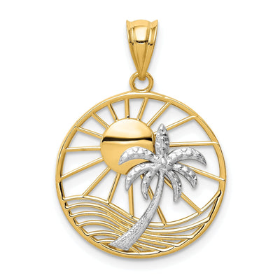 14K Two Tone Gold Solid Polished Finish Concave Shape Sun with Palm Tree Design Charm Pendant at $ 150.06 only from Jewelryshopping.com