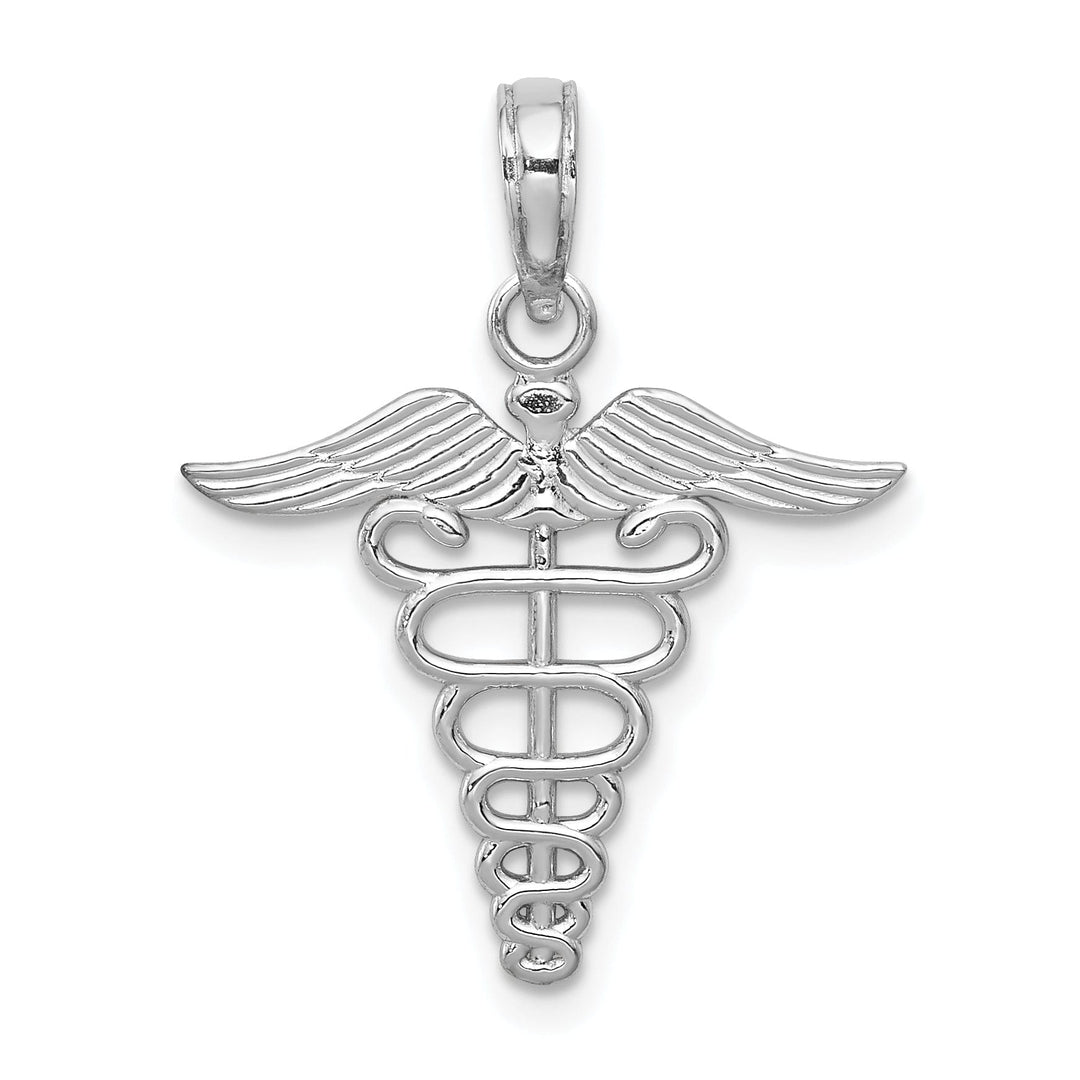 14k White Gold Texture Polished Finish Caduceus Charm Pendant