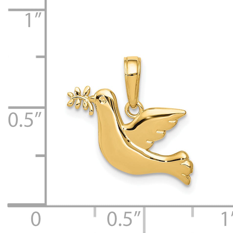 14K Yellow Gold Polished Finish Solid Dove With Olive Branch Pendant