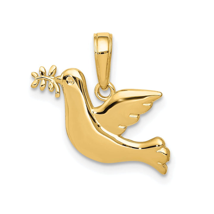 14K Yellow Gold Polished Finish Solid Dove With Olive Branch Pendant