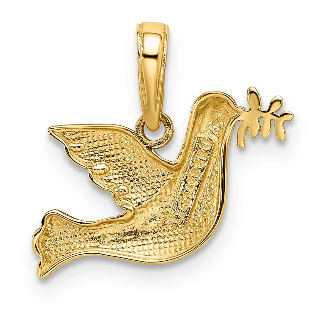 14k Yellow Gold White Rhodium Solid Textured Polished Diamond Cut Finish Dove with Sign Of Peace Branch Charm Pendant