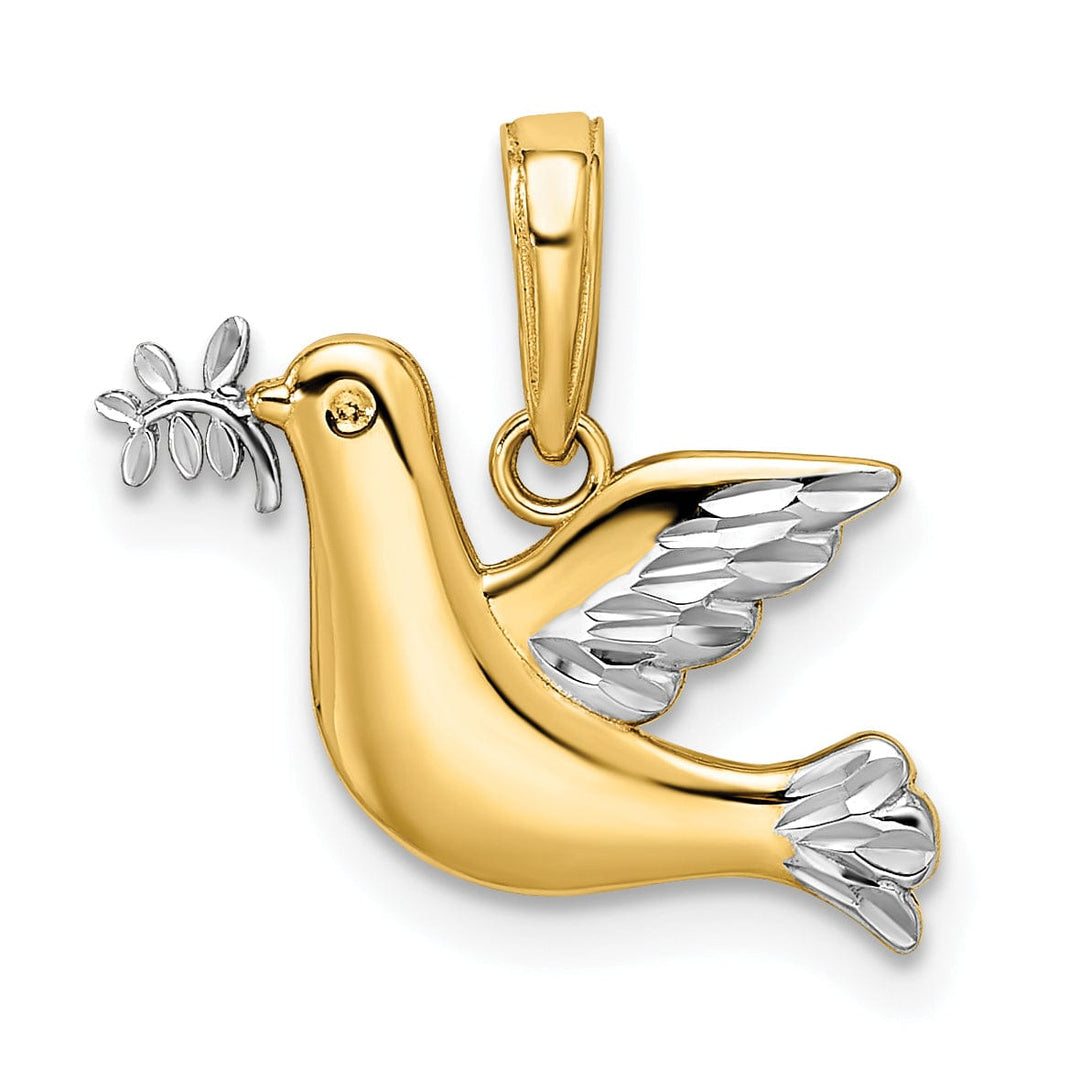 14k Yellow Gold White Rhodium Solid Textured Polished Diamond Cut Finish Dove with Sign Of Peace Branch Charm Pendant