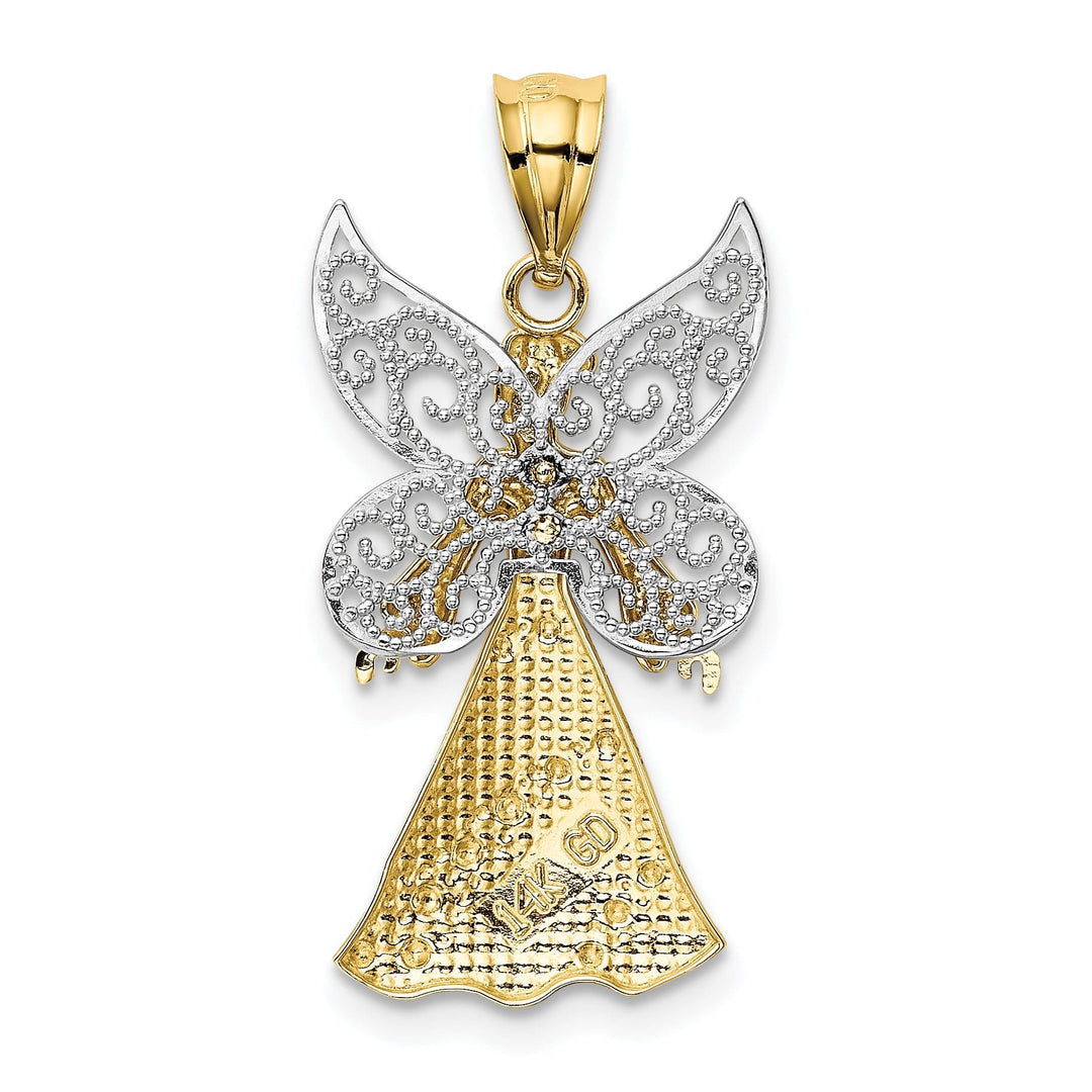 14k Yellow Gold White Rhodium Polished Finish Filigree Angel Pendant