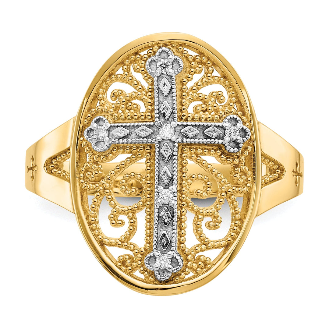 14kt yellow white gold filigree cross ring