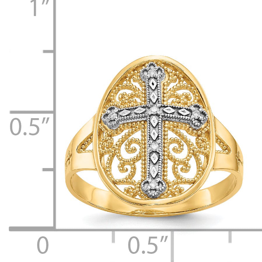 14kt yellow white gold filigree cross ring