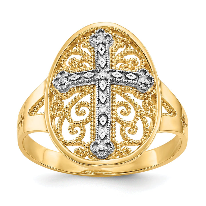 14kt yellow white gold filigree cross ring