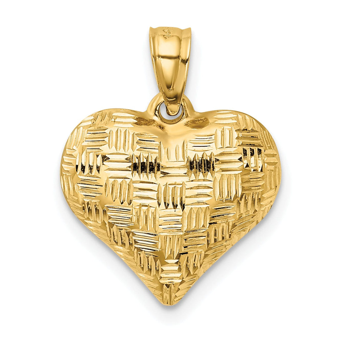 14K Yellow Gold Hollow Diamond Cut Polished Finish Basket Weave Pattern Design 3-Dimensional Puff Heart Charm Pendant