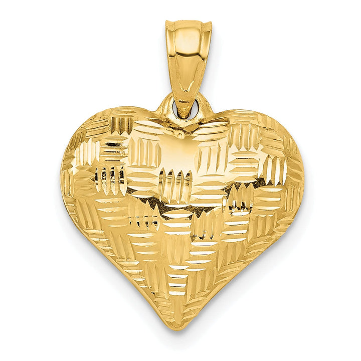 14K Yellow Gold Hollow Diamond Cut Polished Finish Basket Weave Pattern Design 3-Dimensional Puff Heart Charm Pendant