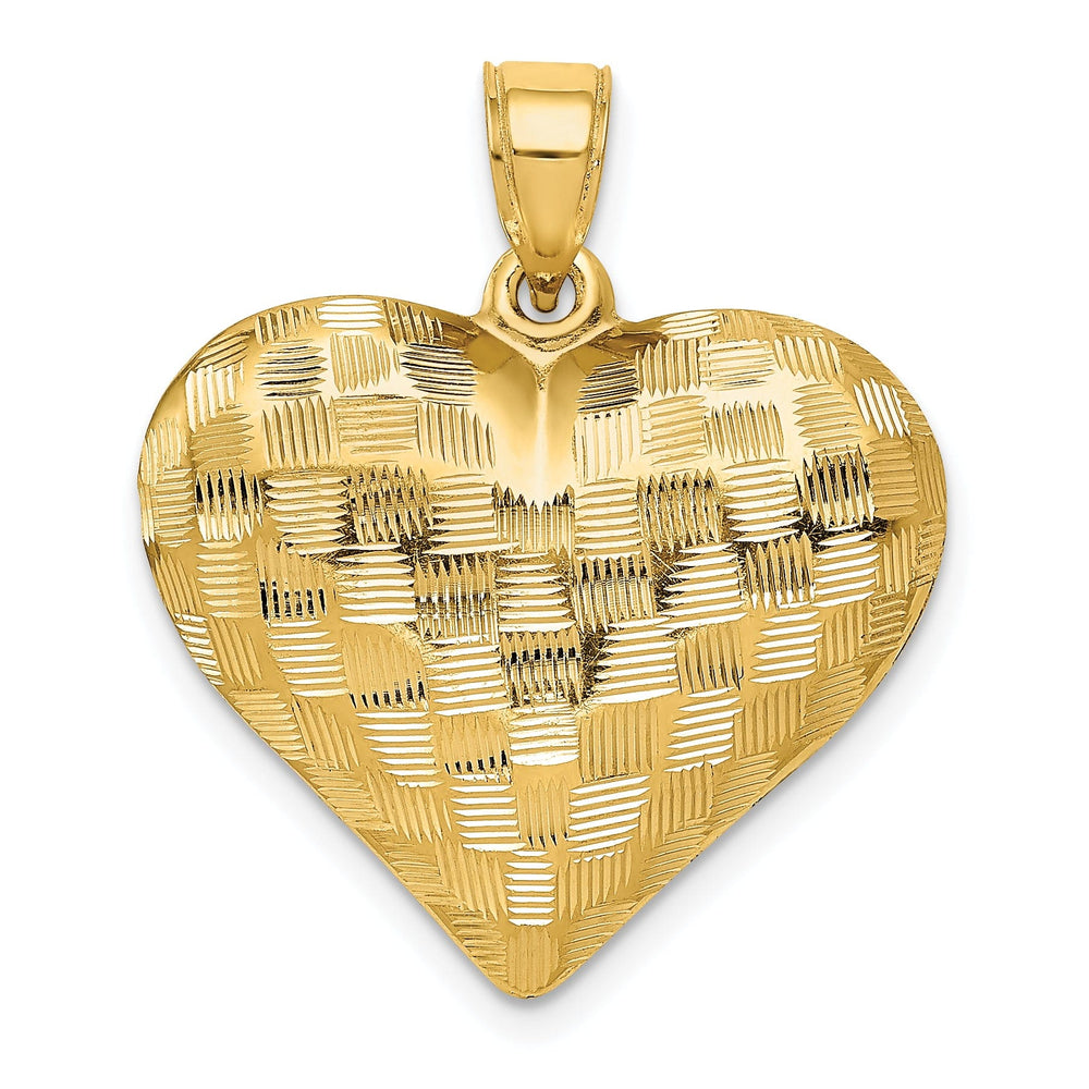 14K Yellow Gold Hollow Polished Diamond Cut Finish Weave Basket Pattern Design 3-Dimensional Puff Heart Charm Pendant