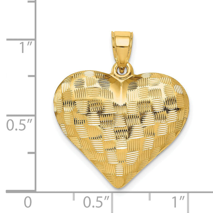 14K Yellow Gold Hollow Polished Diamond Cut Finish Weave Basket Pattern Design 3-Dimensional Puff Heart Charm Pendant