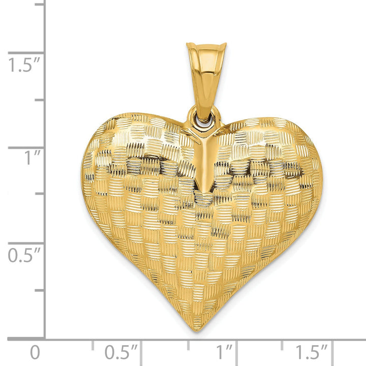 14K Yellow Gold Hollow Polished Diamond Cut Finish Weave Basket Pattern Design 3 Dimensional Puff Heart Charm Pendant