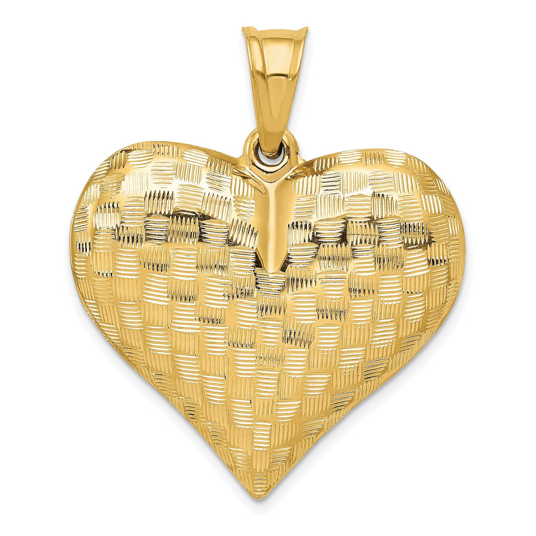 14K Yellow Gold Hollow Polished Diamond Cut Finish Weave Basket Pattern Design 3 Dimensional Puff Heart Charm Pendant