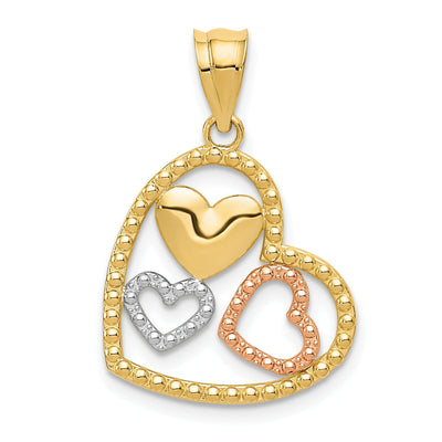 14K Yellow, Rose Gold, White Rhodium Beaded Textured Polished Finish Solid Concave 3-Hearts in Heart Shape Design Charm Pendant