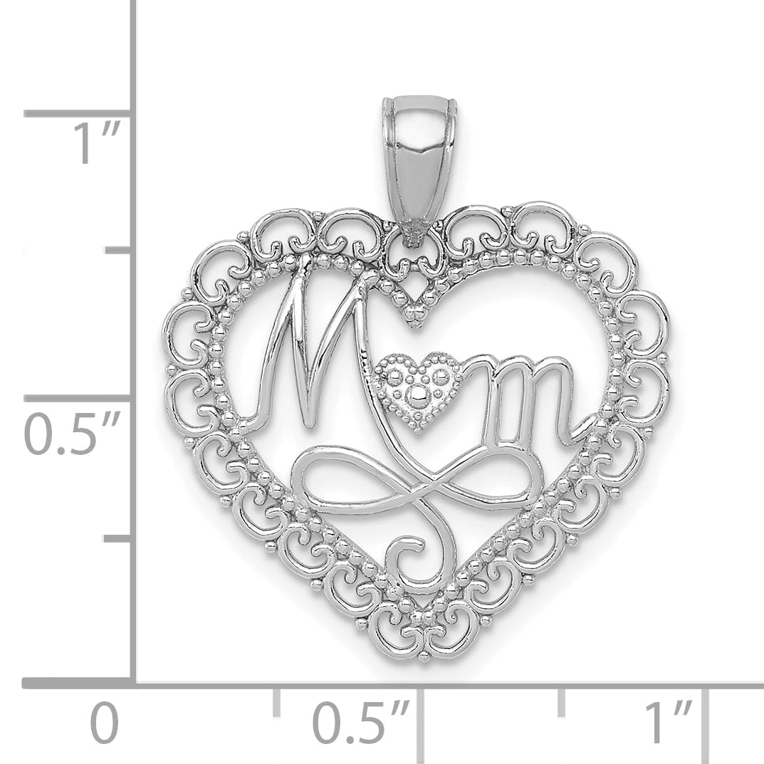 14K White Gold Solid Textured Polished Finish MOM in Scallop Heart Shape Design Charm Pendant