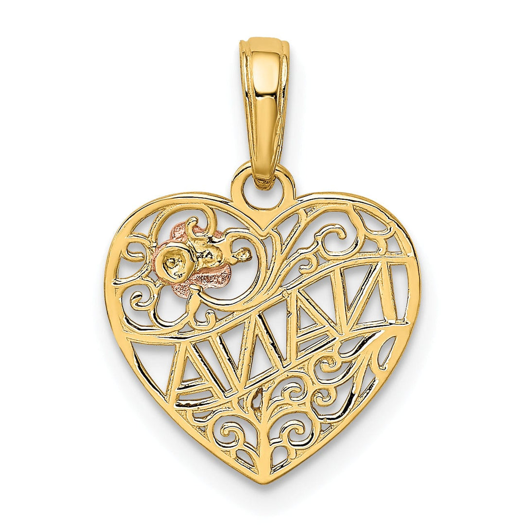 14K Two Tone Gold Nana Flower on Heart Pendant