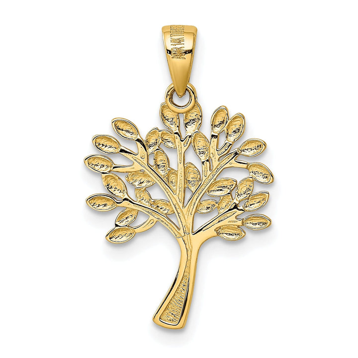 14K Yellow Gold White Rhodium Solid Polished Diamond Cut Finish Tree Design Charm Pendant