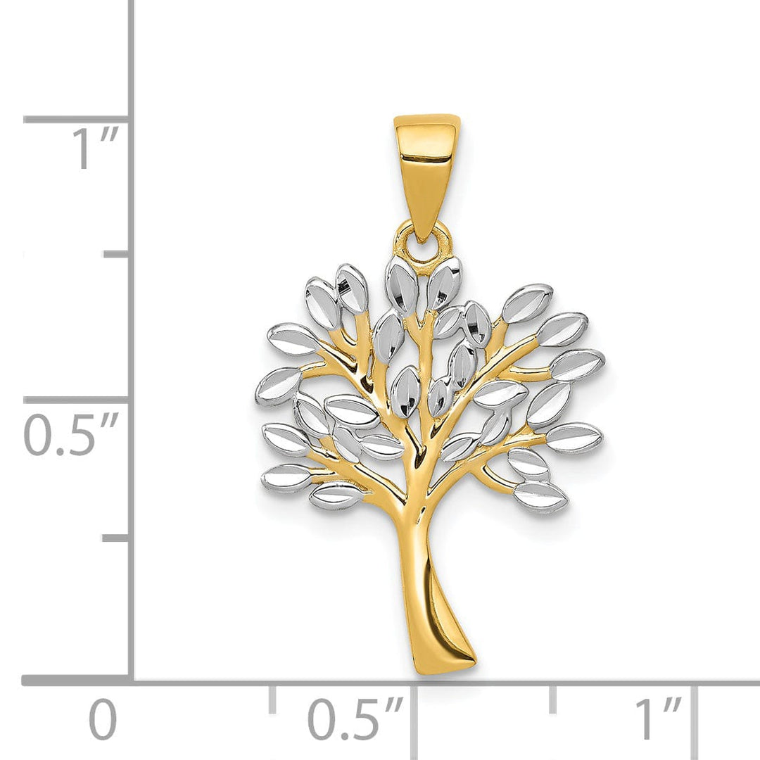 14K Yellow Gold White Rhodium Solid Polished Diamond Cut Finish Tree Design Charm Pendant