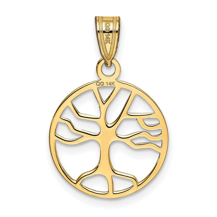 14K Yellow Gold Flat Back Textured Polished Small Tree of Life in Round Circle Design Charm Pendant