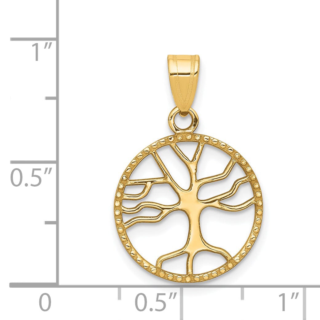 14K Yellow Gold Flat Back Textured Polished Small Tree of Life in Round Circle Design Charm Pendant