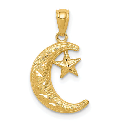 14k Yellow Gold Polished Solid Textured Finish Moon and Stars Design Charm Pendant