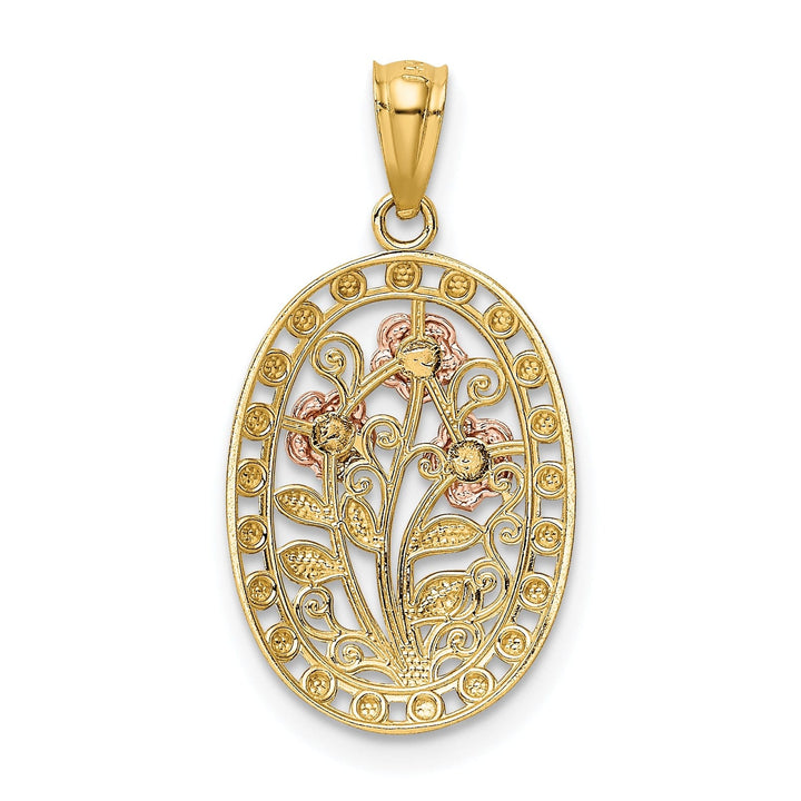 14k Tri-color Gold Casted Textured Back Solid Polished Finish Oval 3 Rose Charm Pendant