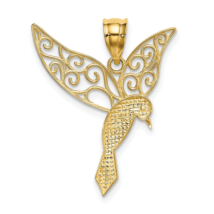 14k Yellow Gold Solid Open Back Polished Finish Filigree Flying Hummingbird Design Charm Pendant