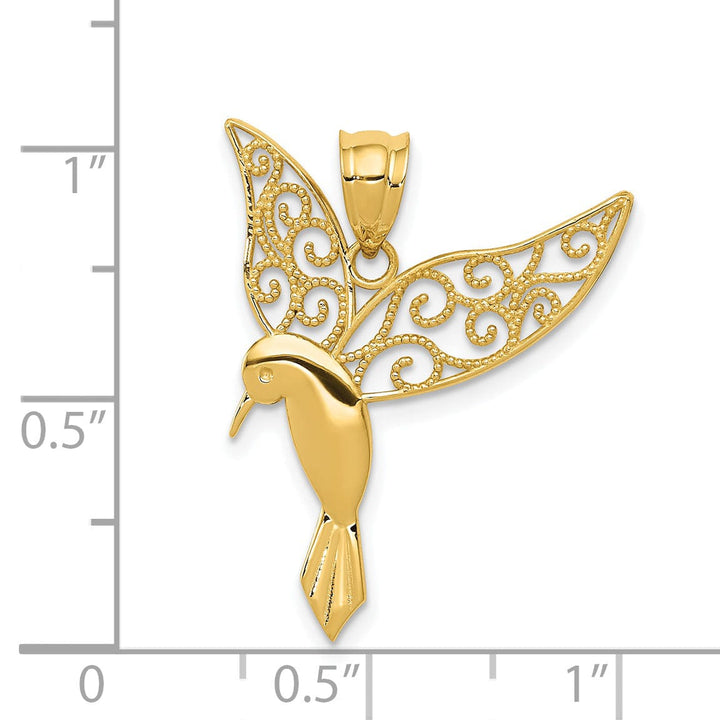 14k Yellow Gold Solid Open Back Polished Finish Filigree Flying Hummingbird Design Charm Pendant