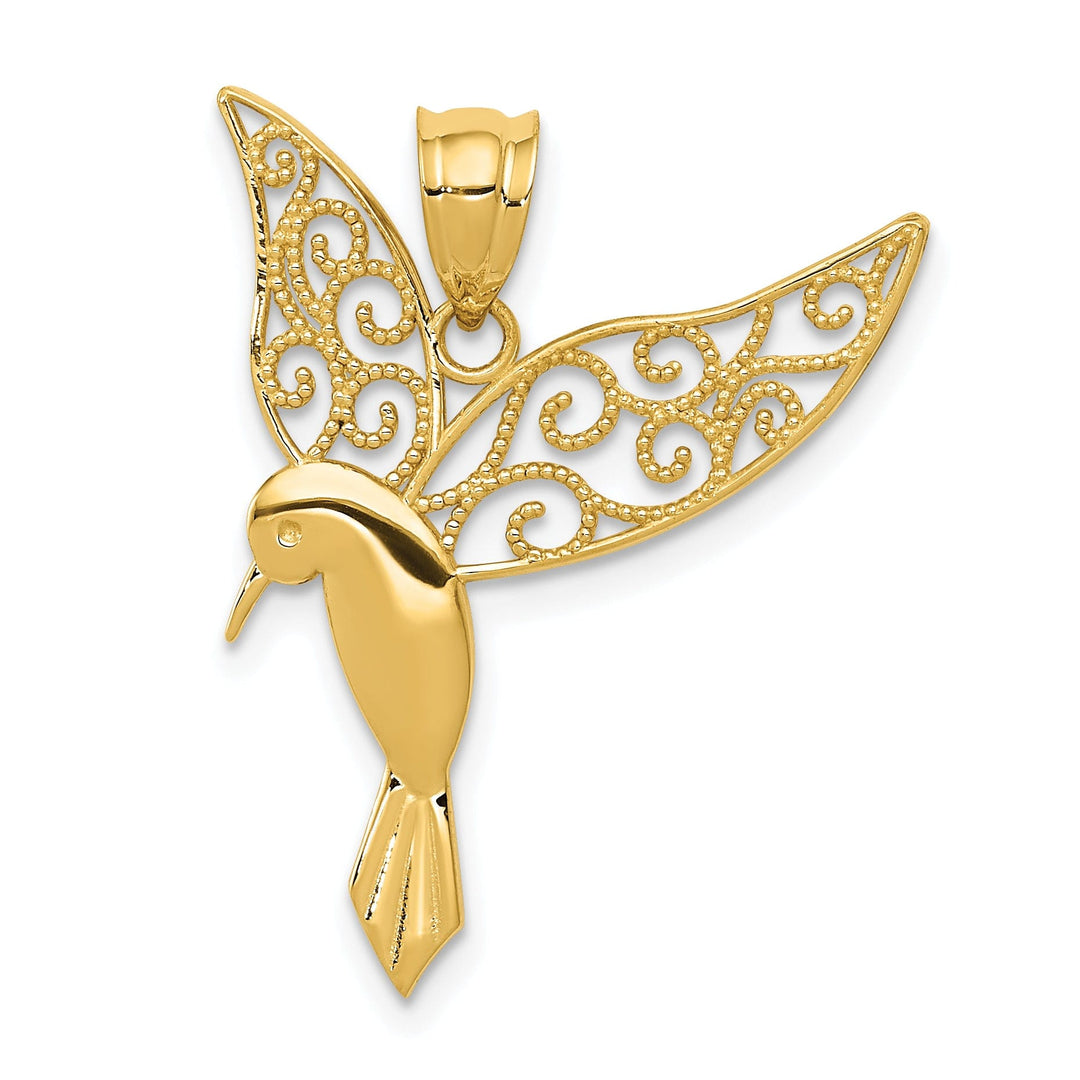 14k Yellow Gold Solid Open Back Polished Finish Filigree Flying Hummingbird Design Charm Pendant