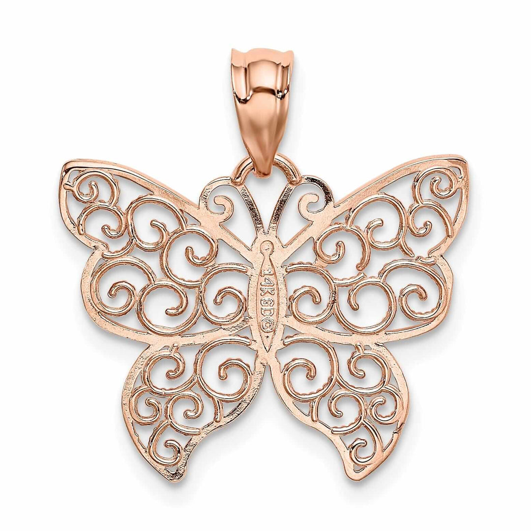 14k Rose Gold Casted Open Back Solid Polished Finish Filigree Butterfly Charm Pendant