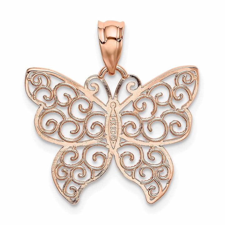 14k Rose Gold Casted Open Back Solid Polished Finish Filigree Butterfly Charm Pendant
