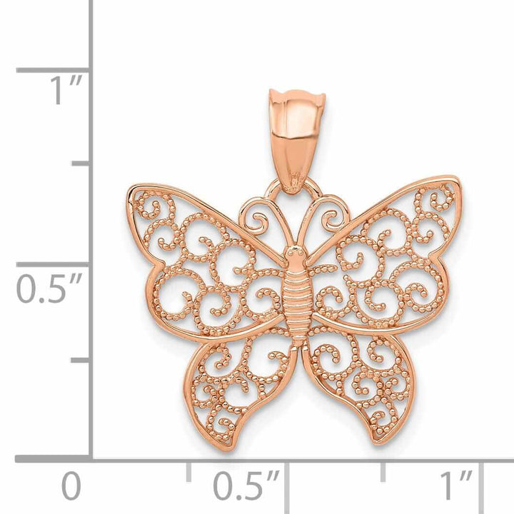 14k Rose Gold Casted Open Back Solid Polished Finish Filigree Butterfly Charm Pendant