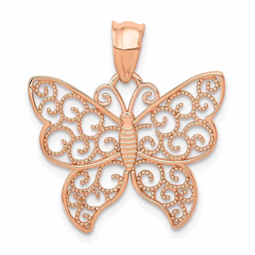 14k Rose Gold Casted Open Back Solid Polished Finish Filigree Butterfly Charm Pendant