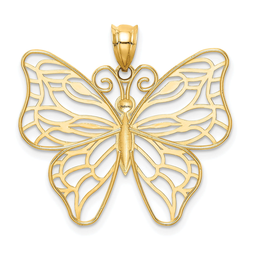 14k Yellow Gold Casted Open Back Solid Polished Finish Large Butterfly Charm Pendant