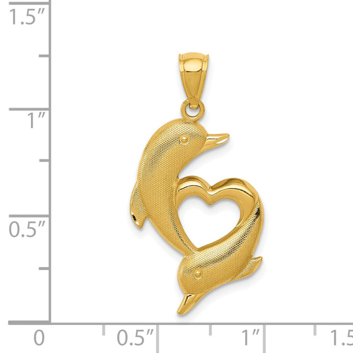 14K Yellow Gold Polished Textured Finish Two Dolphins Heart Design Charm Pendant
