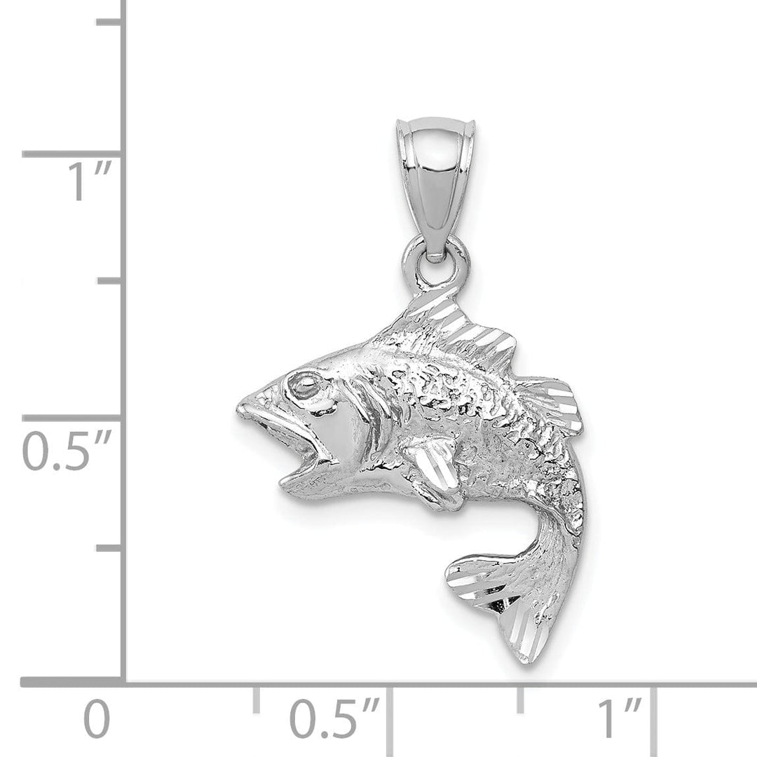 14k White Gold Solid Textured Polished Finish Open Mouthed Bass Fish Charm Pendant