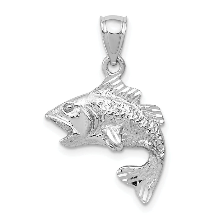 14k White Gold Solid Textured Polished Finish Open Mouthed Bass Fish Charm Pendant