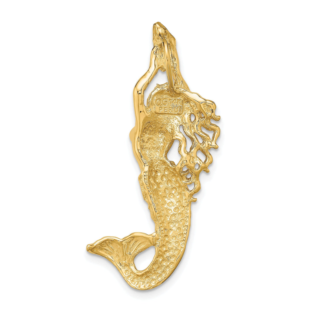 14K Yellow Gold Polished Textured Finish Open Back Mermaid Chain Slide Pendant Will Not Fit Omega