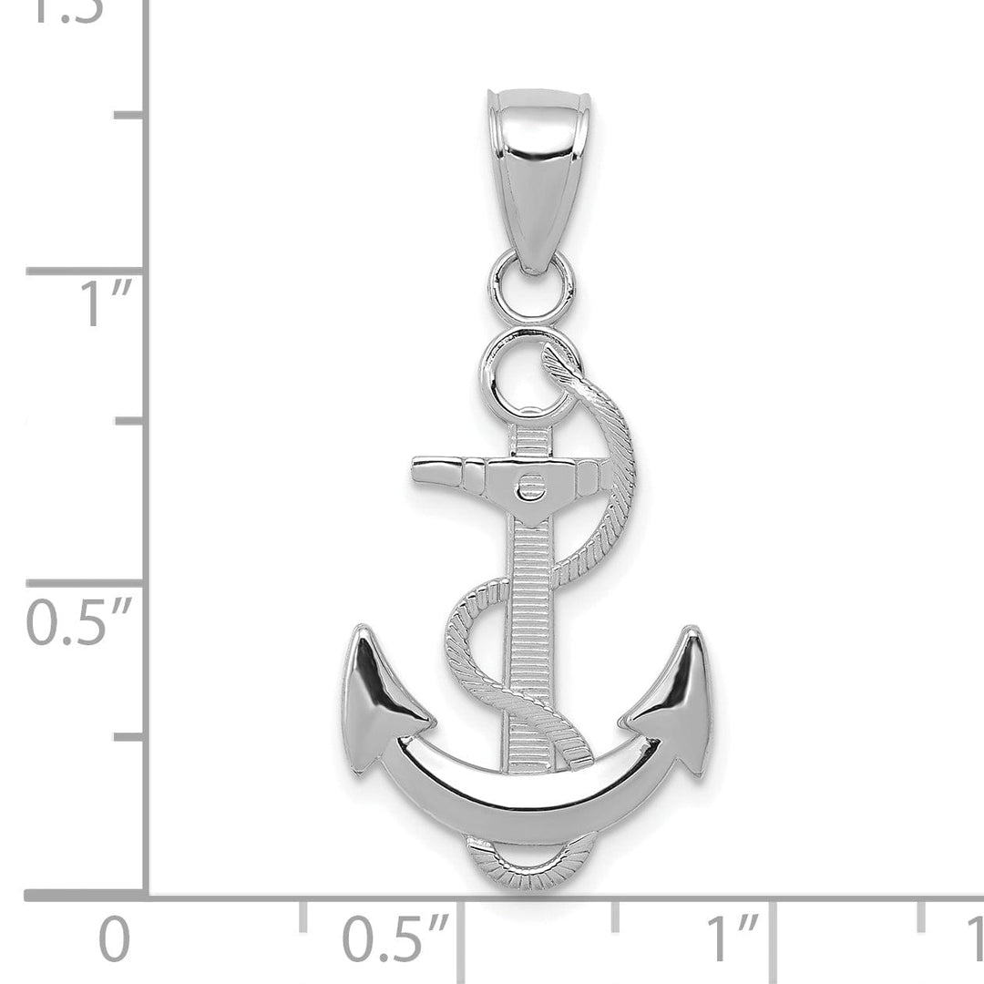 14k White Gold Polished Textured Finished Anchor with Rope Design Charm Pendant