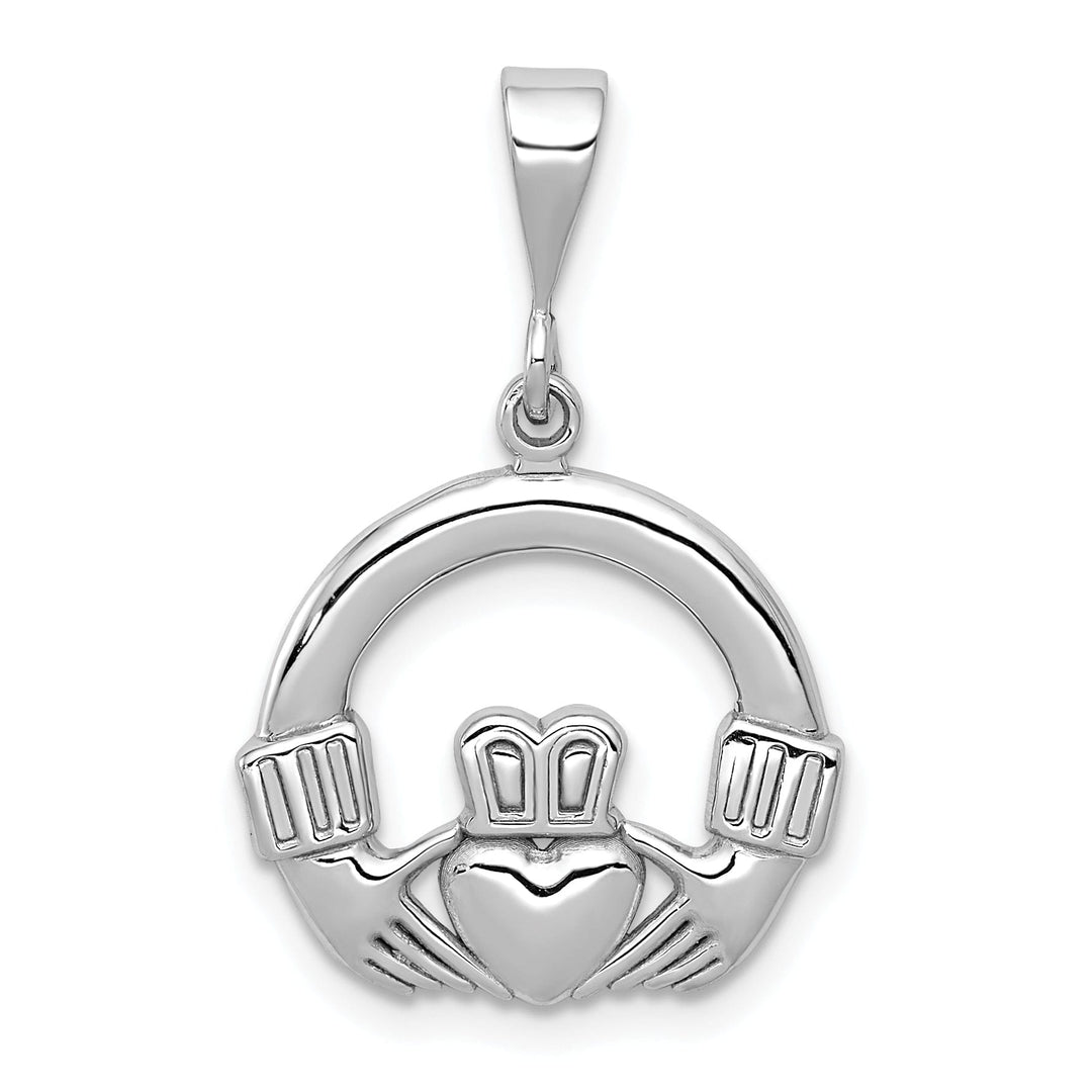 14k White Gold Solid Textured Polished Finish Claddagh Design Charm Pendant