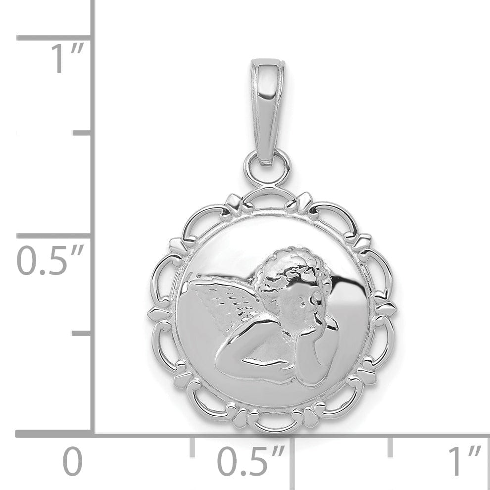 14K White Gold Polished Finish Angel Cherub On Round Scallop Pendant