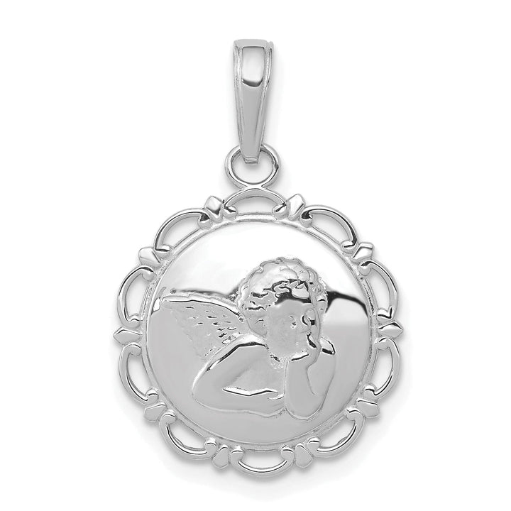 14K White Gold Polished Finish Angel Cherub On Round Scallop Pendant