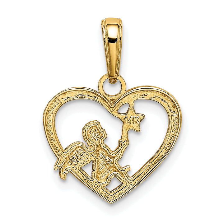 14K Yellow Gold White Rhodium Concave Angel in Heart with Star Pendant